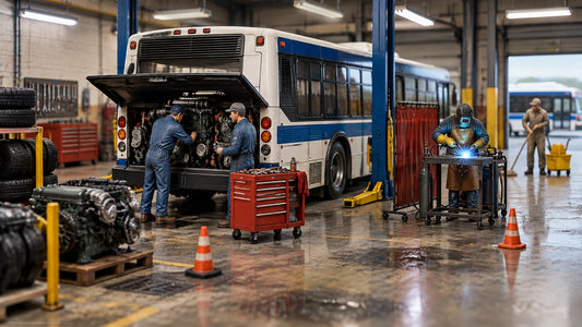 A realistic 1:64 city bus garage diorama with mechanics, a welder, tools, tires, and oil-stained concrete