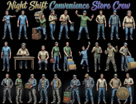 Realistic 1:64 scale convenience store night shift crew for a miniature diorama