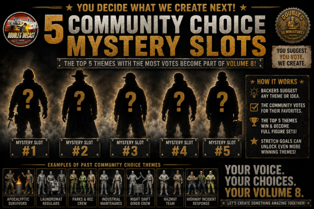 Five silhouetted Volume 8 Community Choice mystery slots waiting for backer-voted themes