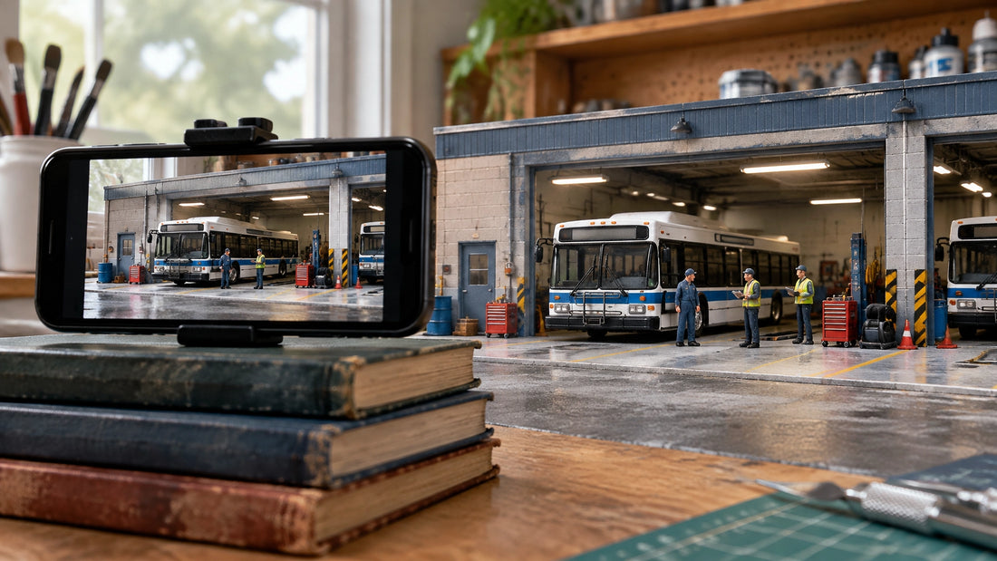 A smartphone braced on books at figure height photographs a realistic 1:64 city transit bus garage diorama