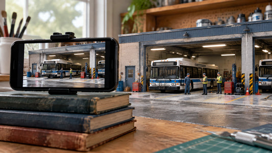 A smartphone braced on books at figure height photographs a realistic 1:64 city transit bus garage diorama
