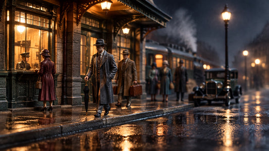 A 1:64 scale 1920s street after rain, with warm station light reflected in the dark pavement