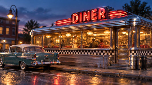 A classic 1950s diner glowing at dusk, with a period diecast car outside and figures visible through the windows