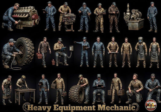 Painted Volume 8 Heavy Equipment Mechanics miniature collection featuring workers, tools, engines, tires, and industrial mach