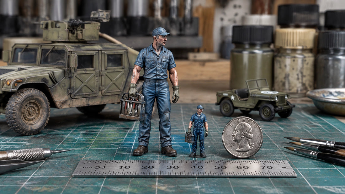 54mm and 1:64 military miniatures side by side on a workbench with a ruler and diecast vehicles