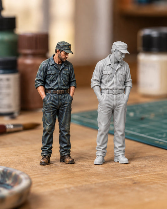 An identical pair of realistic 1:64 miniature people on a hobby workbench: one pre-painted and one unpainted resin