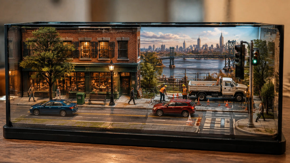 Realistic 1:64 urban street diorama in a display box with storefronts, pedestrians, road markings, workers, and layered city 