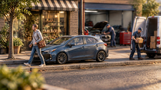 Realistic 1:64 diecast photography scene with commuters, a delivery worker, and a mechanic on an urban street