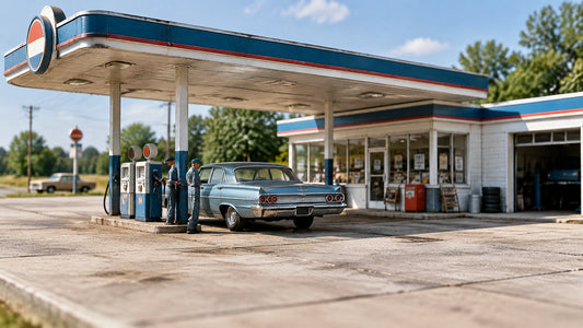 A mid-1960s 1:64 scale gas station diorama with a period diecast car at the pump and a uniformed attendant