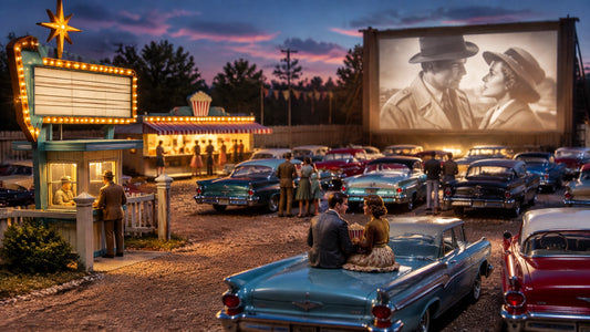 Photorealistic 1:64 drive-in diorama at dusk with vintage cars, a glowing screen, a fictional marquee, and moviegoers
