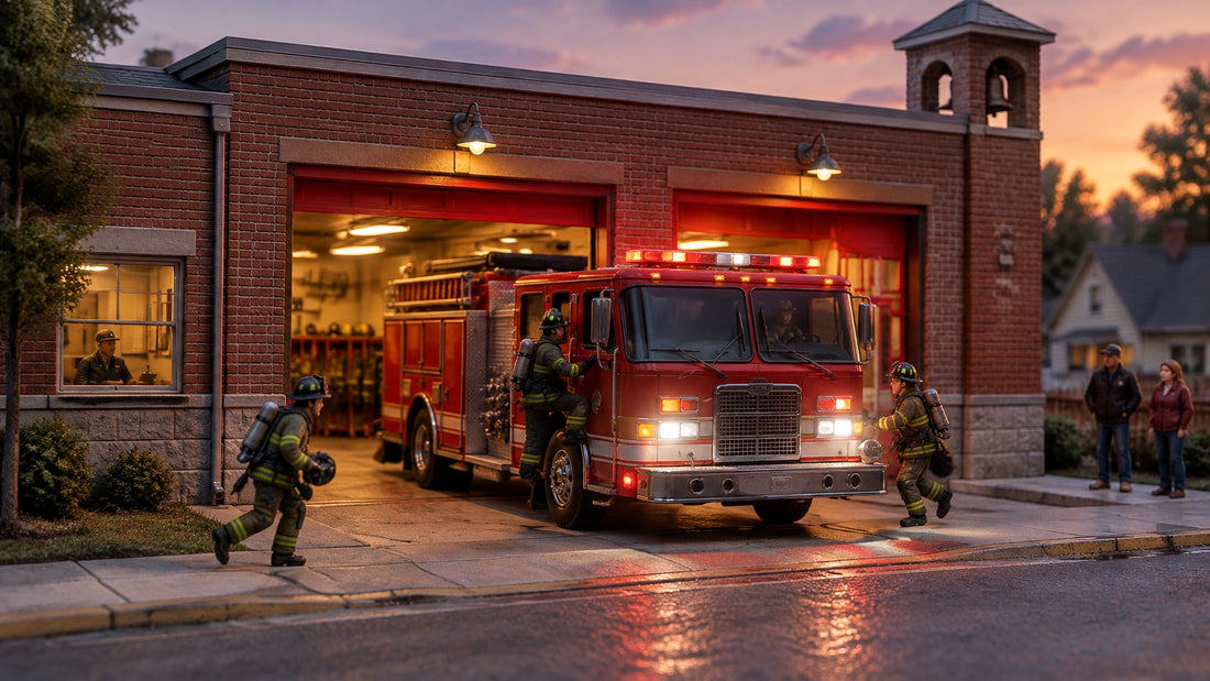 A brick 1:64 fire station at dusk, with its bay doors open, a fire engine partway out, and firefighters responding