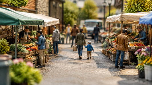 A realistic 1:64 street market diorama with canopy stalls, produce displays, and shoppers browsing