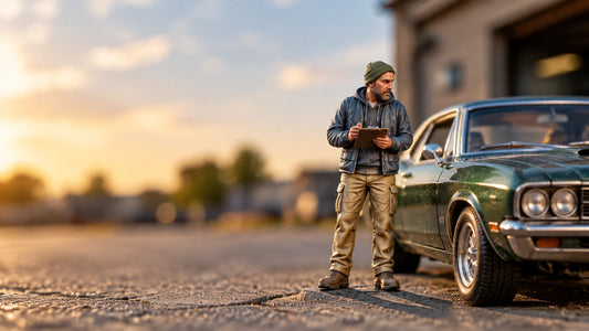 A 1:64 resin figure casting a real contact shadow on textured street pavement beside a diecast car