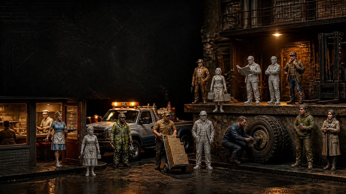 Regular People Volume 8 Kickstarter hero banner showing realistic 1:64 scale everyday workers and pedestrians in a detailed d
