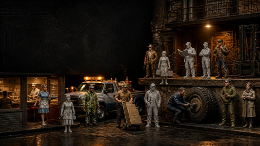 Regular People Volume 8 Kickstarter hero banner showing realistic 1:64 scale everyday workers and pedestrians in a detailed d