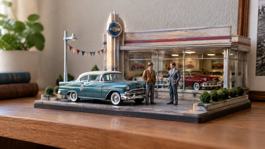Compact 1:64 1950s street scene with a diecast car and realistic miniature figures displayed on a desk shelf