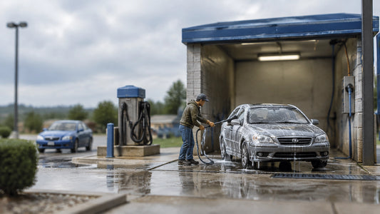 A person washing a diecast car with suds in a detailed 1:64 self-service car wash diorama