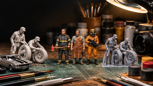 A realistic miniature workbench comparing resin, plastic, and home-printed 1:64 scale figures