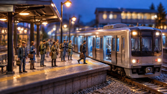 A 1:64 commuter platform at blue hour as an unbranded train arrives and passengers wait behind the tactile strip