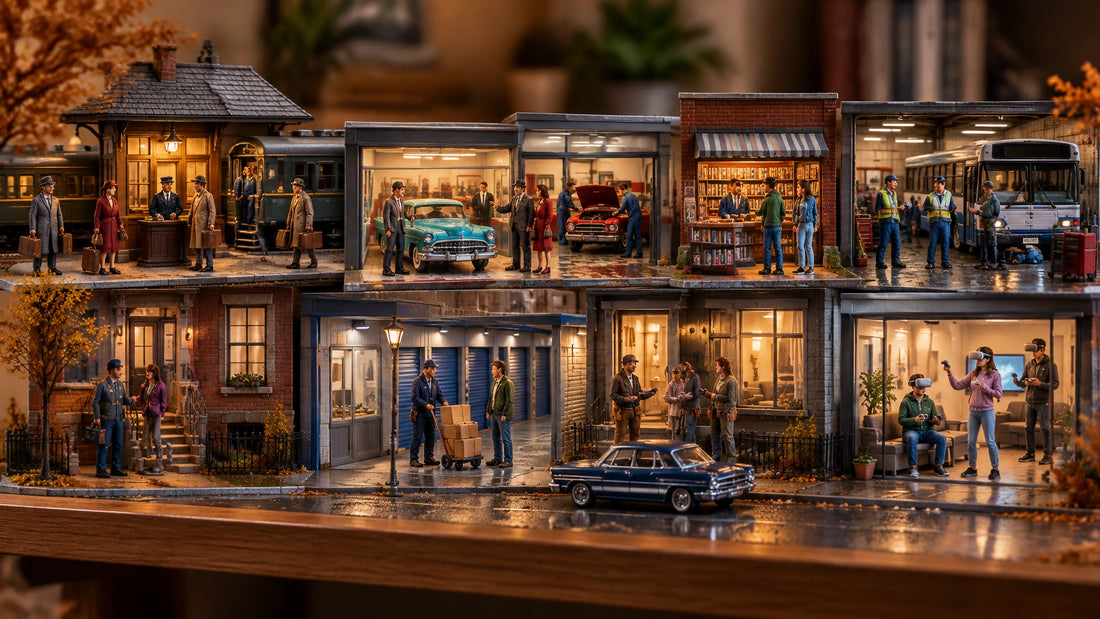 A realistic 1:64 autumn display shelf with miniature people, a diecast car, and connected everyday street scenes