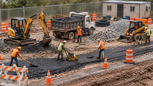 A realistic 1:64 road-resurfacing diorama with workers, construction equipment, safety cones, and layered site details