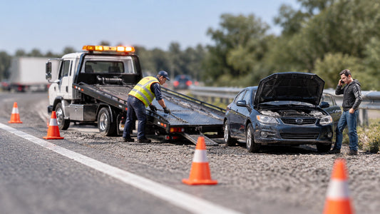A 1:64 tow truck loading a diecast car on a roadside shoulder, with cones and a stranded driver nearby