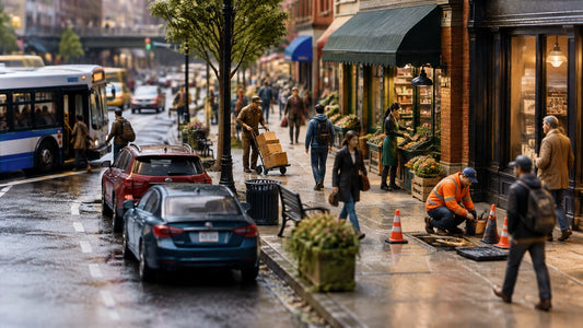 A realistic 1:64 urban diorama street scene populated with miniature people