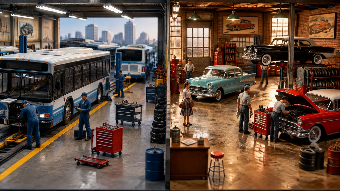1:64 city bus garage and 1950s auto shop diorama comparison