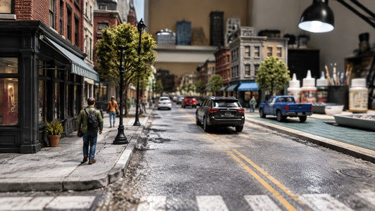 A realistic 1:64 miniature scene photographed from figure height