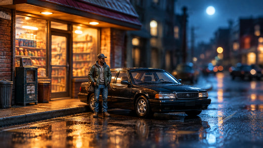 A cinematic 1:64 scale night street diorama with warm storefront lighting, cool moonlight, a detailed miniature figure, and a
