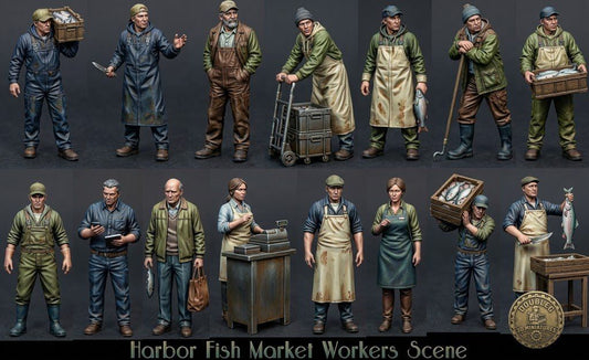 Realistic 1:64 scale harbor fish market workers carrying crates, operating a hand truck, and serving customers in a detailed 
