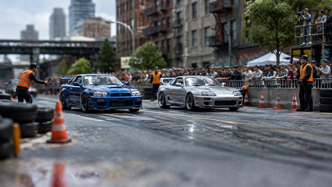 Two 1:64 diecast cars racing through a gritty urban street circuit with spectators, barriers, cones, signs, and race workers