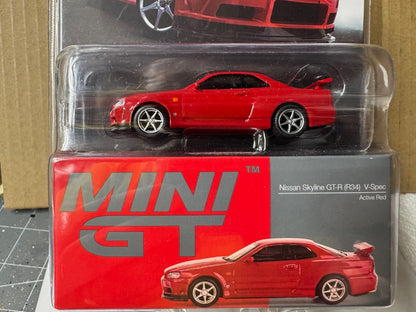 Mini GT Nissan Skyline GT-R (R34) V-SPEC Active Red  1/64 MGT00796-BL