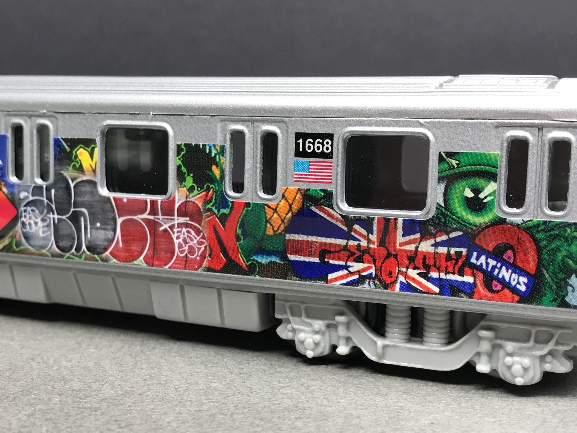 Graffiti Riddled Subway Train Car - Union Jack - Latino Tags, under 7" Long. Great for Display or Diorama