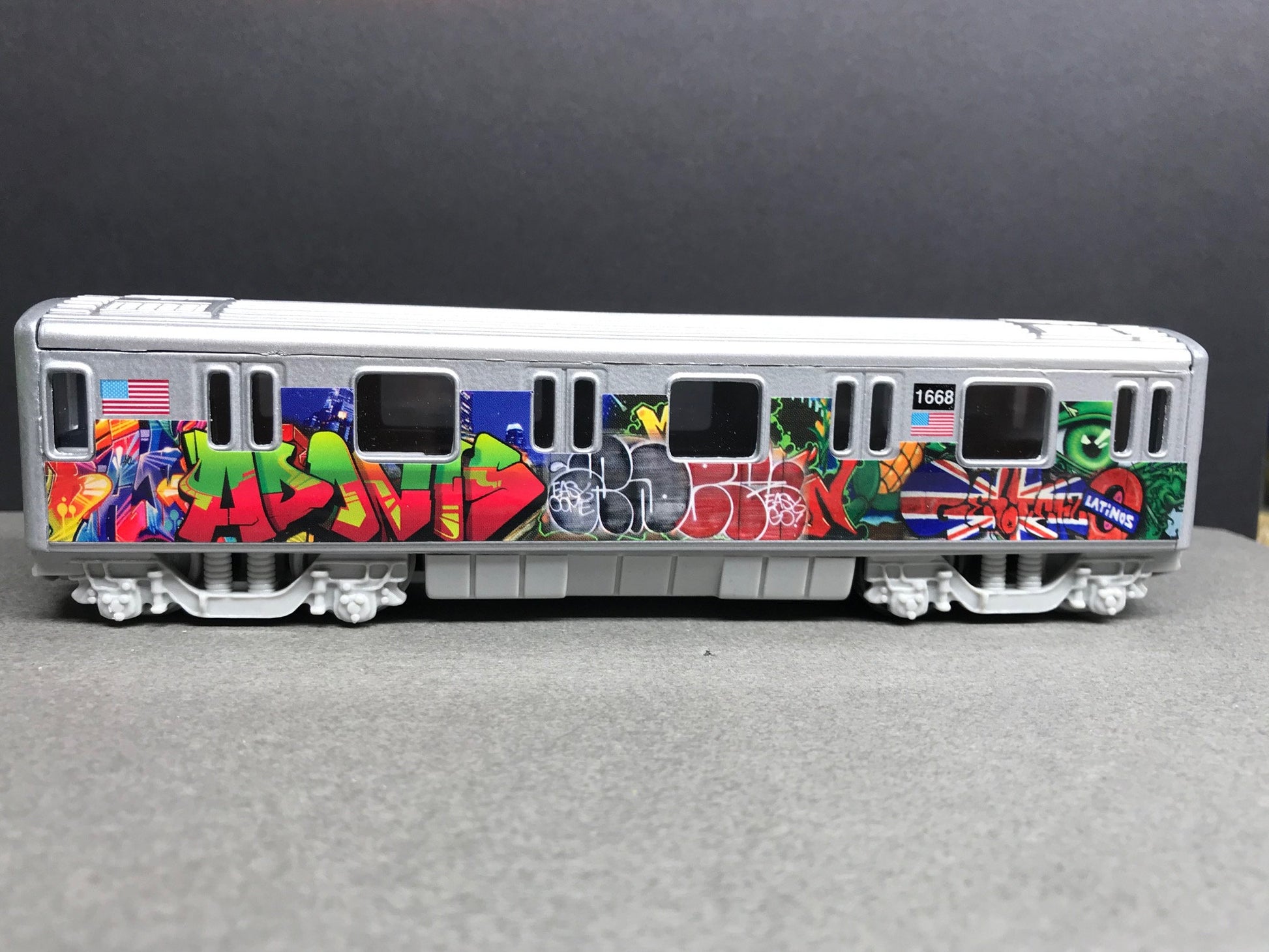Graffiti Riddled Subway Train Car - Union Jack - Latino Tags, under 7" Long. Great for Display or Diorama
