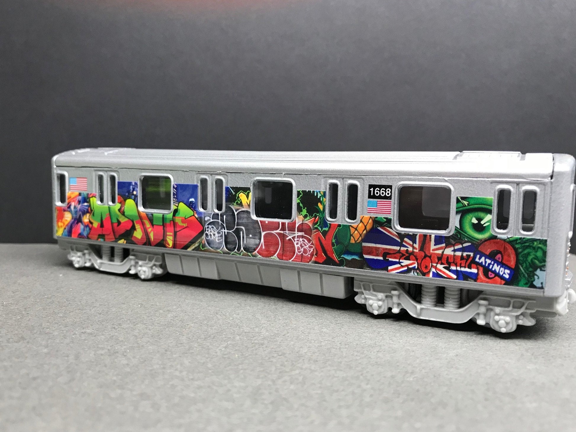 Graffiti Riddled Subway Train Car - Union Jack - Latino Tags, under 7" Long. Great for Display or Diorama