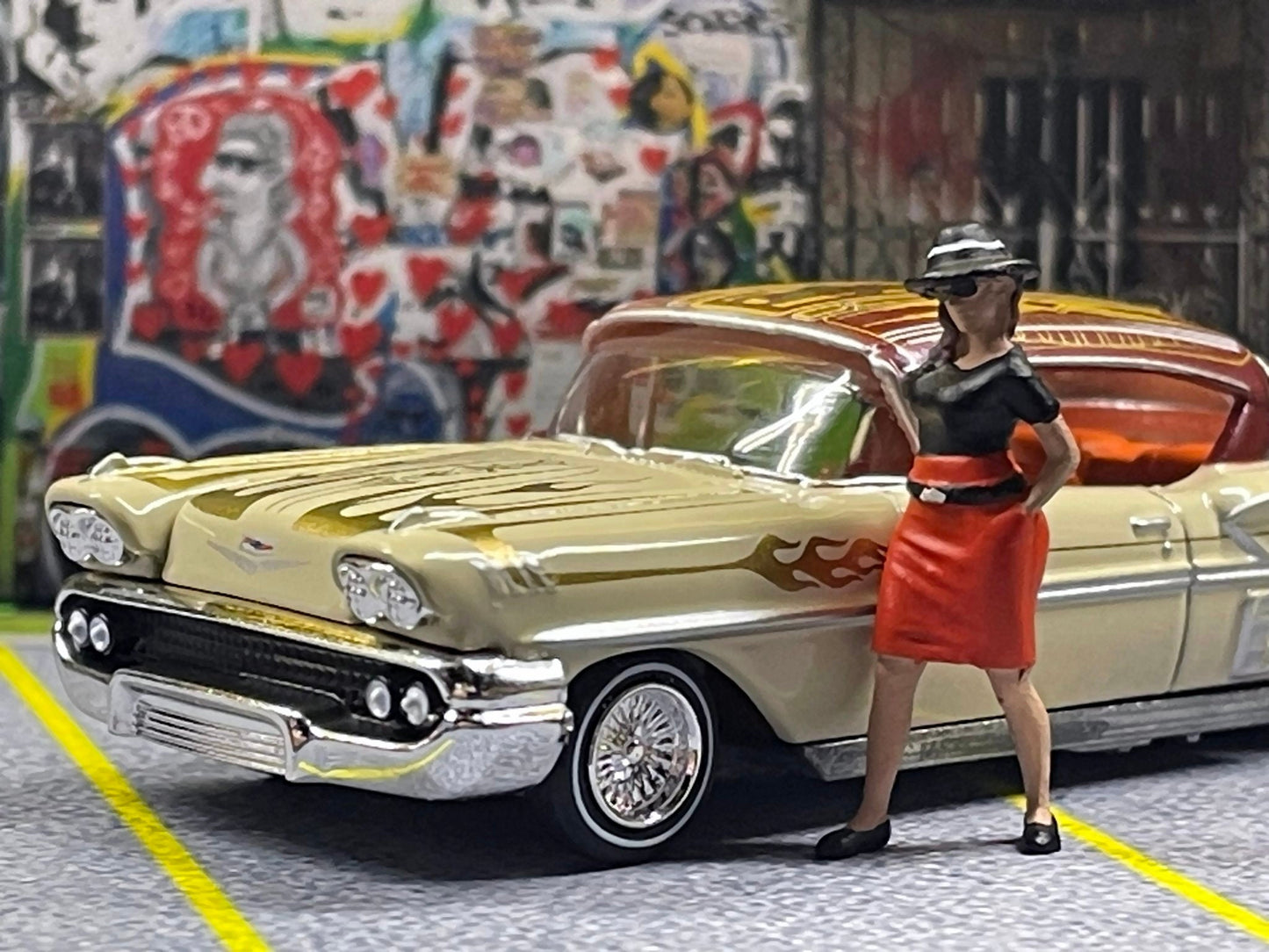 1-64 Scale / S-Scale 1958 Chevy Impala Lowrider with Chola Figure - Great For Dioramas & Diecast Photography (RC)