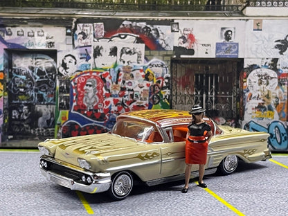 1-64 Scale / S-Scale 1958 Chevy Impala Lowrider with Chola Figure - Great For Dioramas & Diecast Photography (RC)