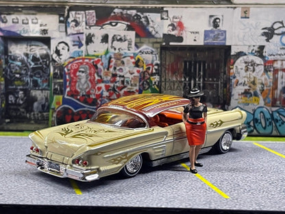 1-64 Scale / S-Scale 1958 Chevy Impala Lowrider with Chola Figure - Great For Dioramas & Diecast Photography (RC)