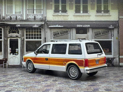 1-64 Scale / S-Scale 1985 Dodge Caravan in White with Woodgrain - Great For Dioramas & Diecast Photography (AW)