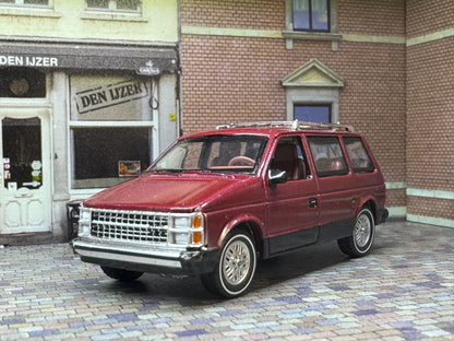 1-64 Scale / S-Scale 1985 Dodge Caravan in Crimson Red / Black - Great For Dioramas & Diecast Photography (AW)