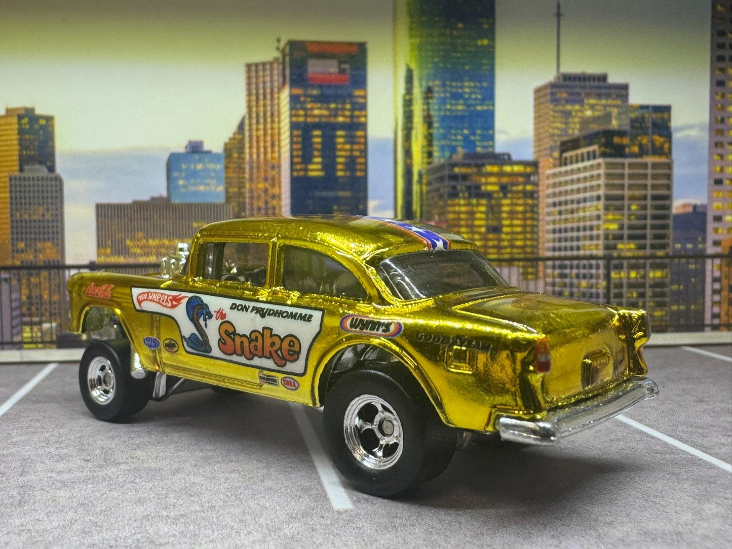 1-64 Scale / S-Scale Custom Hydrochromed 1955 Chevy Gasser Candy Gold with Real Riders