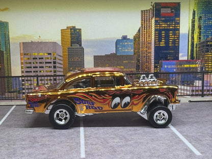 1-64 Scale / S-Scale Custom Hydrochromed 1955 Chevy Gasser Candy Gold Mooneyes with Real Riders