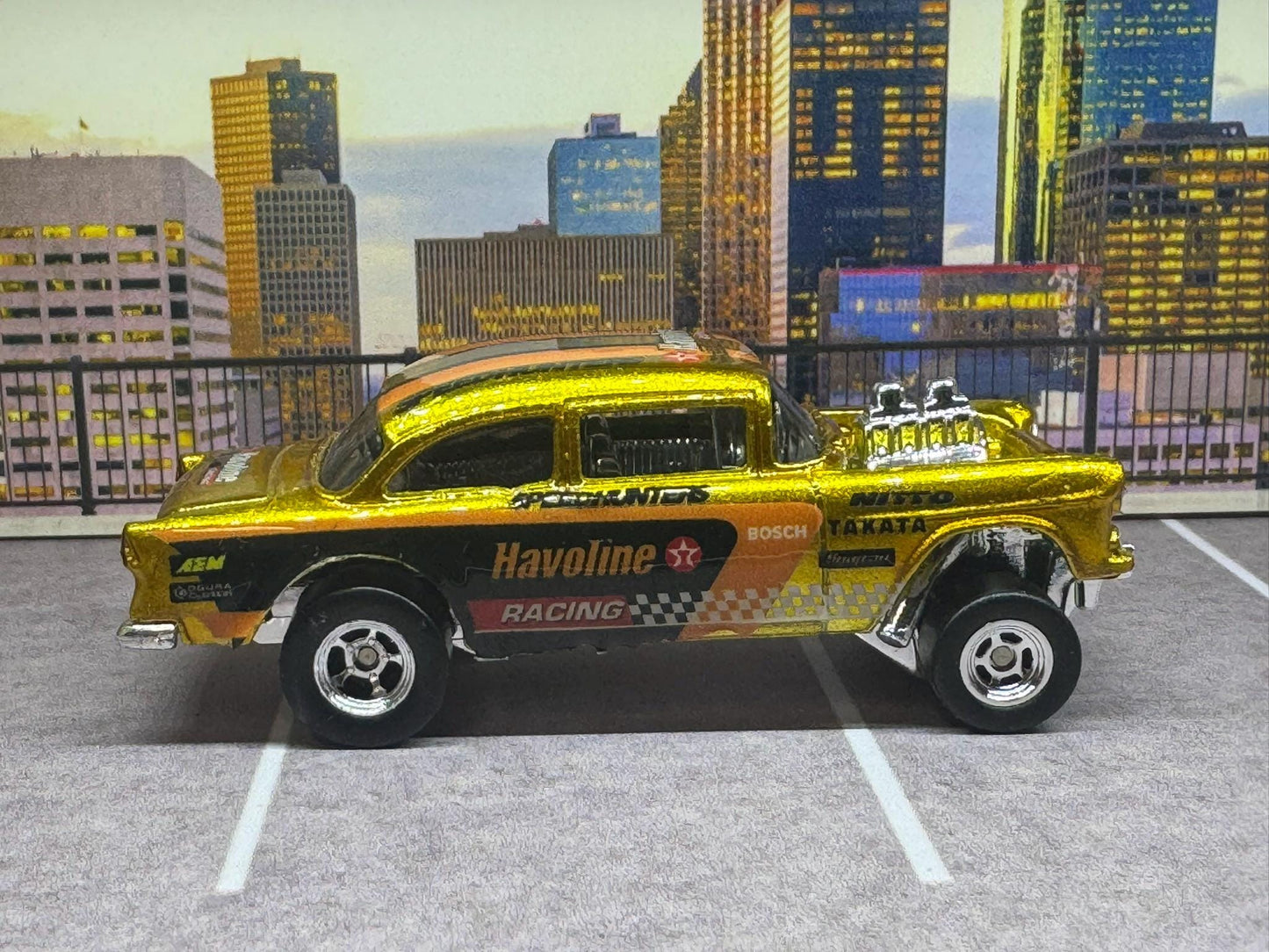 1-64 Scale / S-Scale Custom Hydrochromed 1955 Chevy Gasser Candy Yellow Gold Havoline with Real Riders