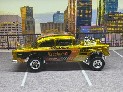 1-64 Scale / S-Scale Custom Hydrochromed 1955 Chevy Gasser Candy Yellow Gold Havoline with Real Riders