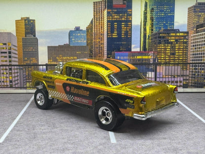 1-64 Scale / S-Scale Custom Hydrochromed 1955 Chevy Gasser Candy Yellow Gold Havoline with Real Riders