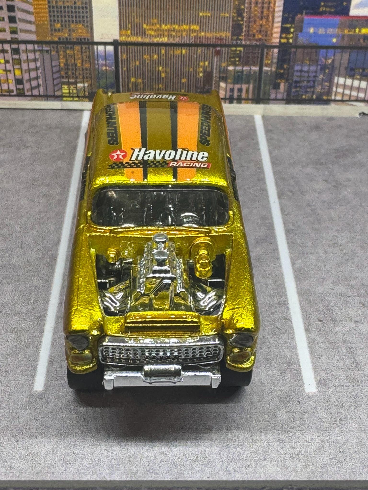 1-64 Scale / S-Scale Custom Hydrochromed 1955 Chevy Gasser Candy Yellow Gold Havoline with Real Riders