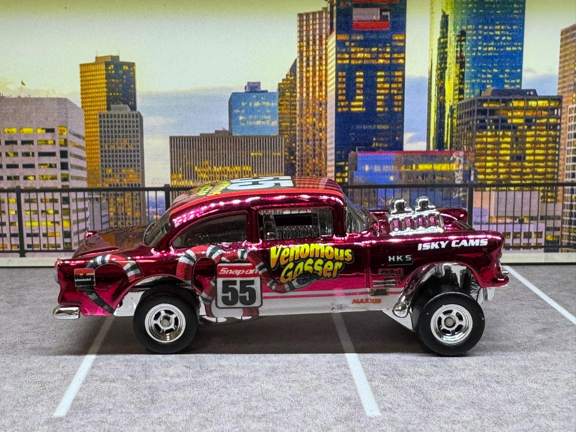 1-64 Scale / S-Scale Custom Hydrochromed 1955 Chevy Gasser Candy Apple Red with Real Riders