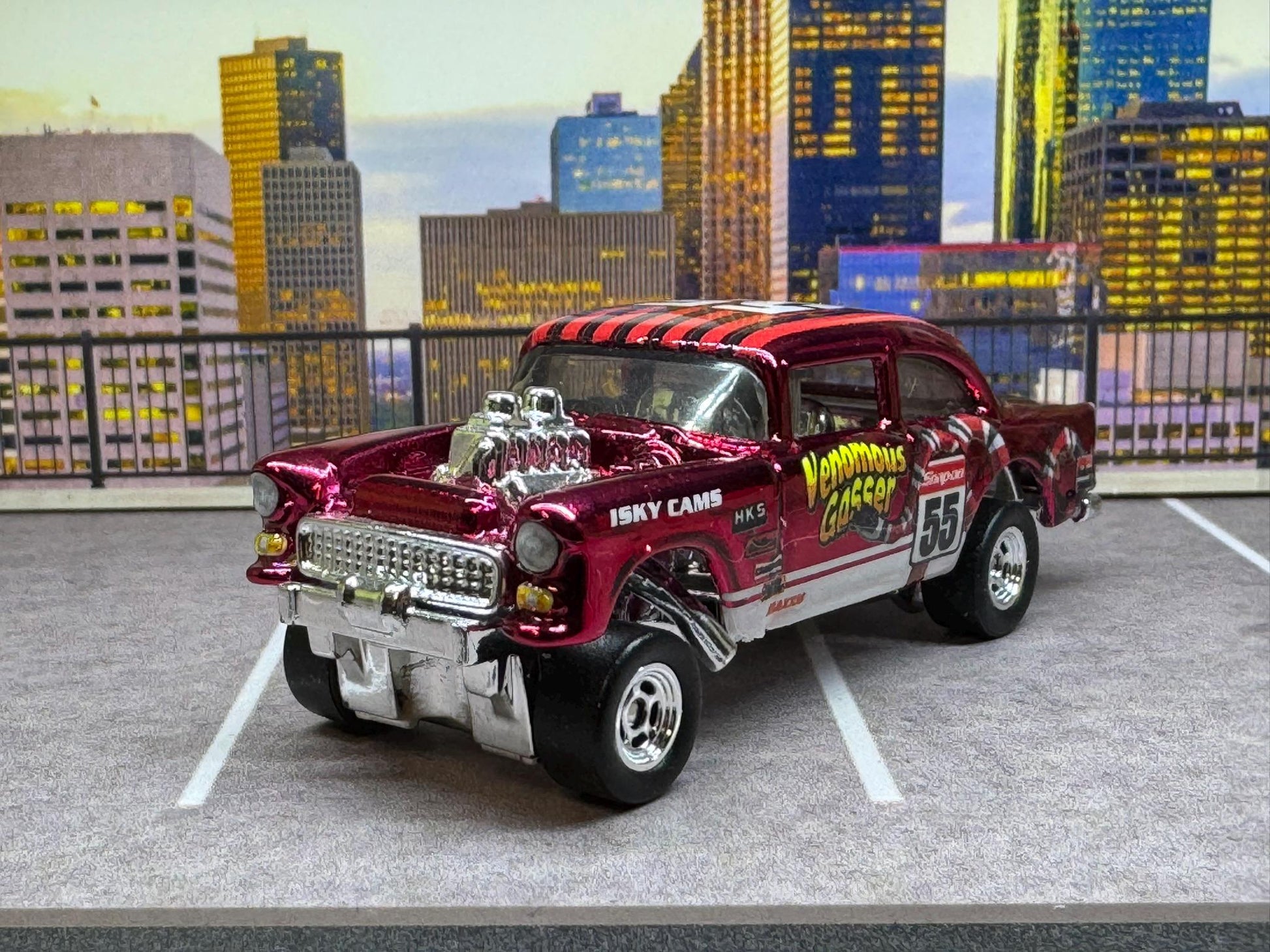 1-64 Scale / S-Scale Custom Hydrochromed 1955 Chevy Gasser Candy Apple Red with Real Riders