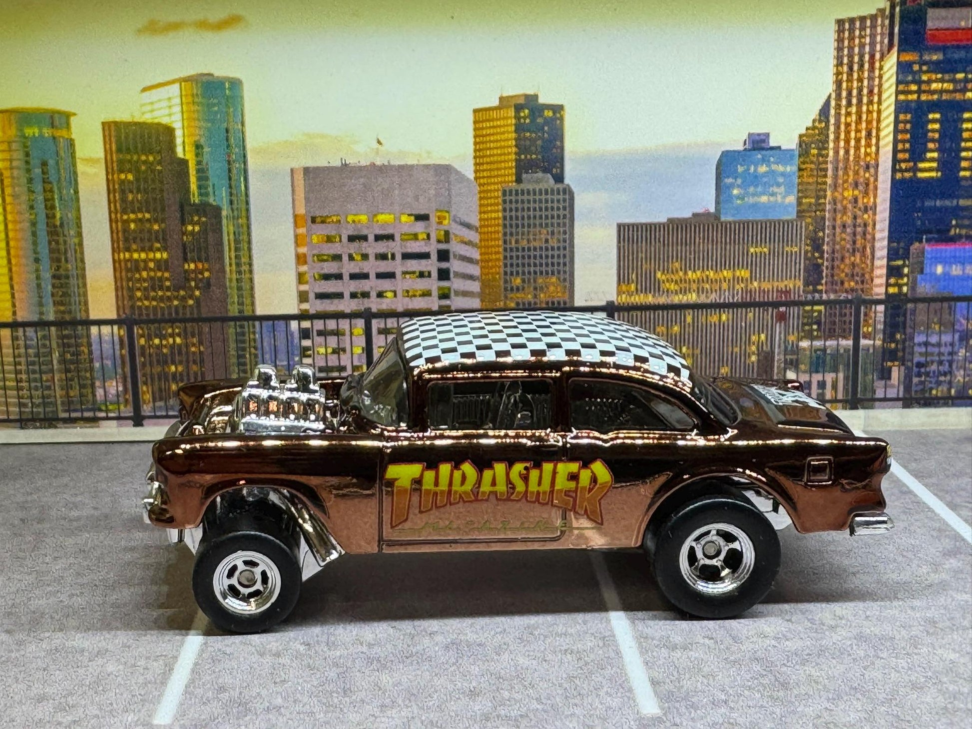 1-64 Scale / S-Scale Custom Hydrochromed 1955 Chevy Gasser Candy Chocolate Brown with Real Riders